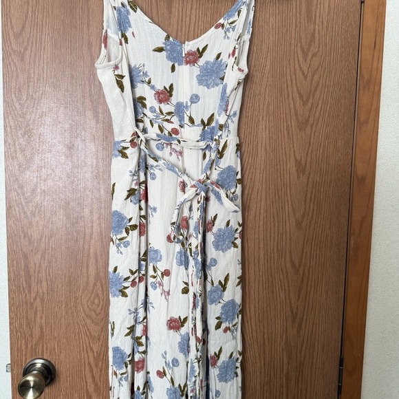 American Eagle Women's 8 Floral Linen Jumpsuit Leg Slits Romper Wide Leg Boho - Picture 5 of 6